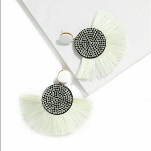 Post Drop Crystal Center White Fan Fringe Earrings
